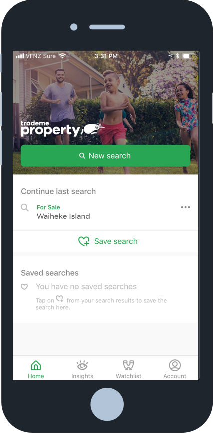 Trade Me Property App home screen for iOS